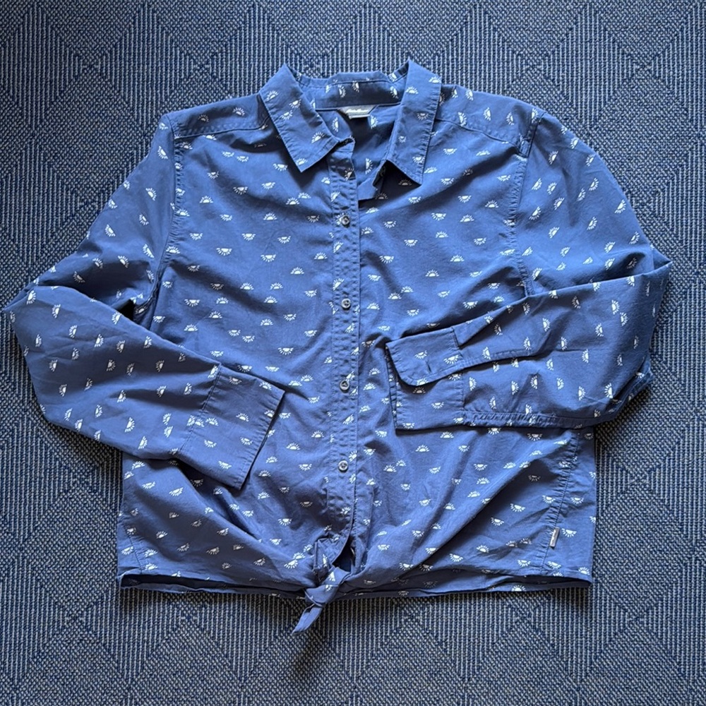 Eddie Bauer Blue Button-Up Shirt with Sun Pattern